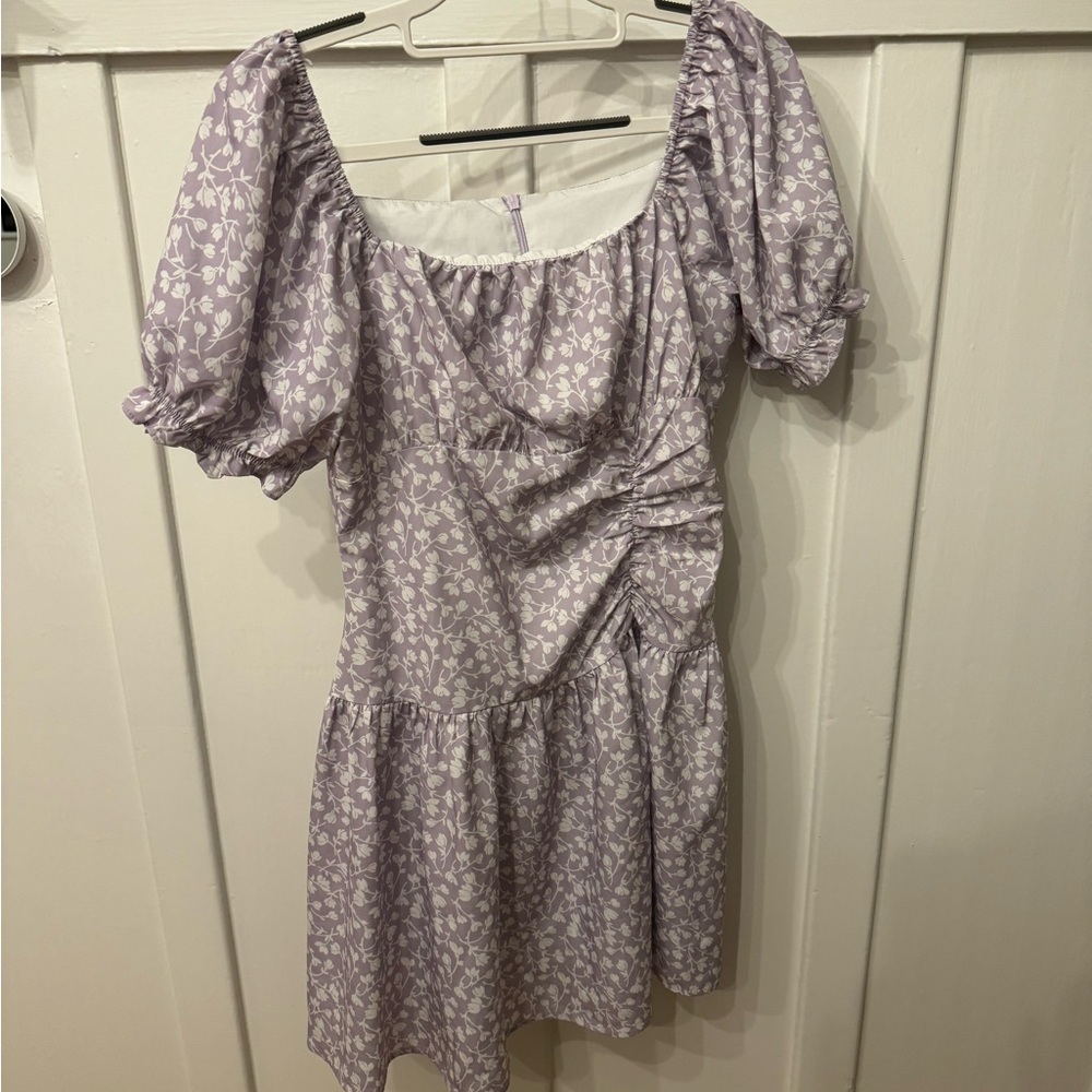 Lavender ruched spring floral dress